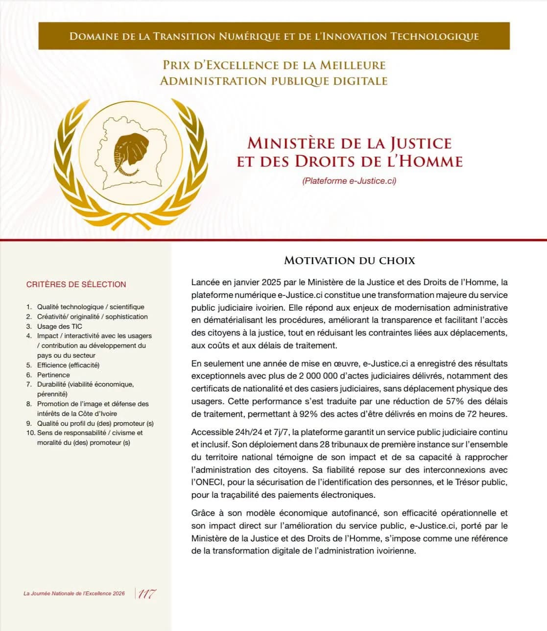 Page du livret officiel de la Journée Nationale de l'Excellence 2026 consacrée à la plateforme e-Justice.ci